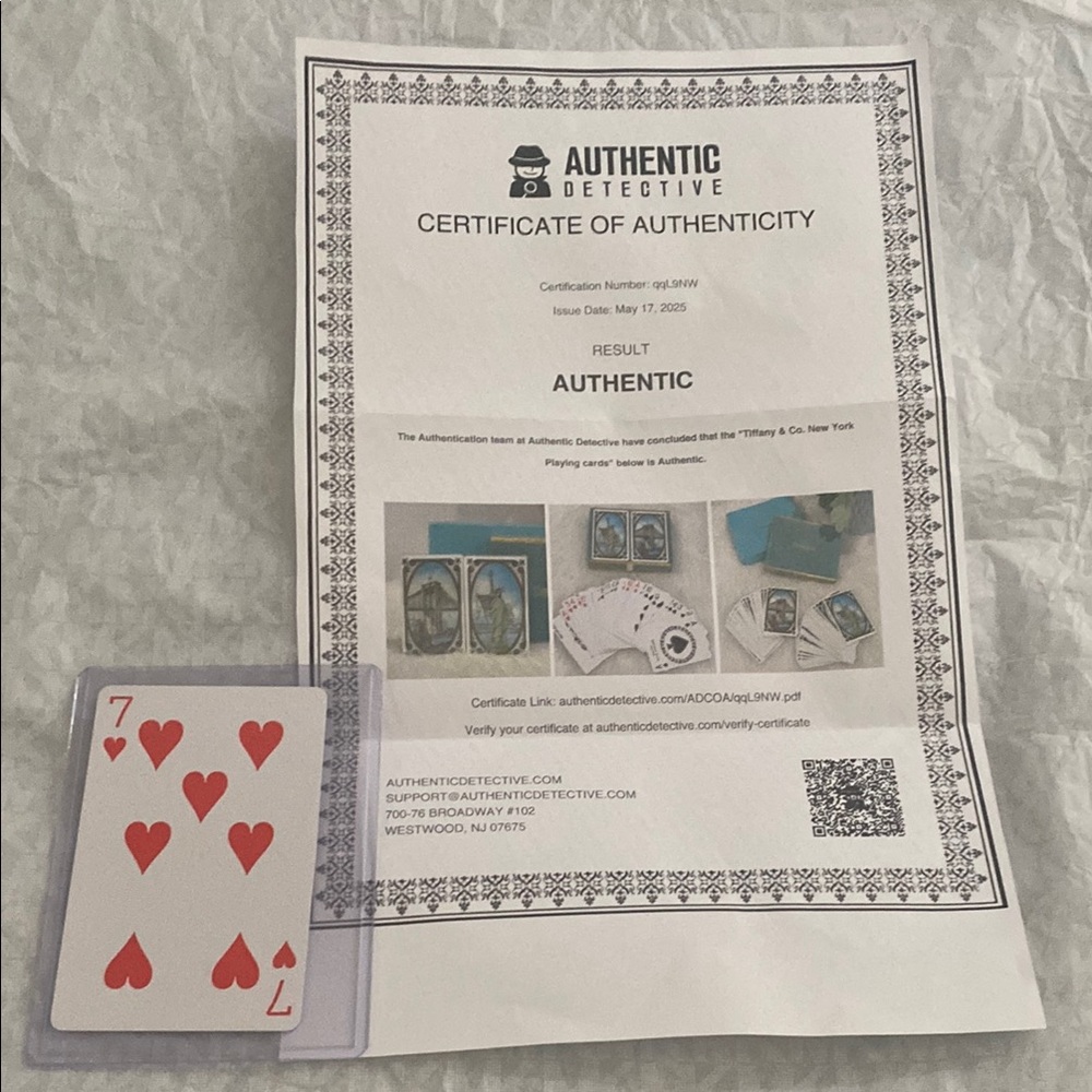 Tiffany & Co. Authentic Detective Certificate with Blue Playing Cards